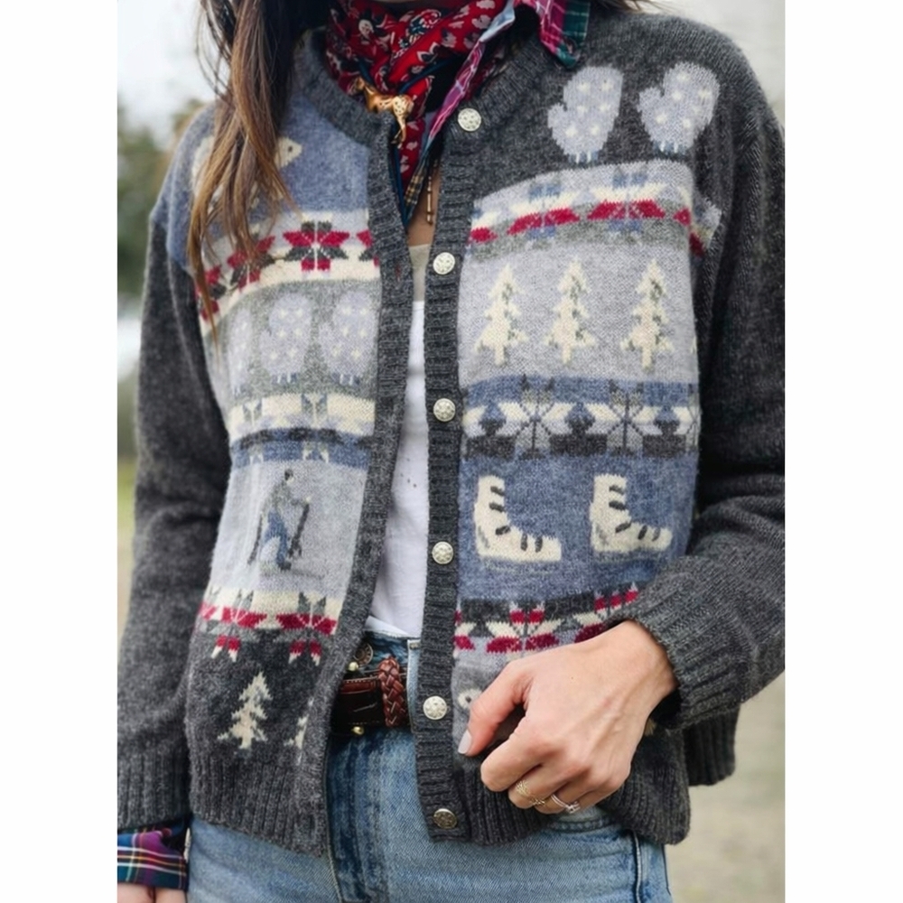 Vintage Northern Reflections Wool Cardigan Sweater S Winter Bear Ski Ice Skate